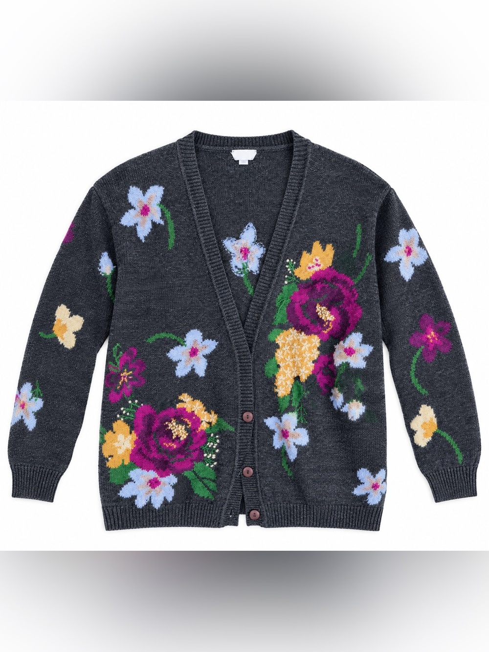 Vintage Bleyle Floral Knit Cardigan Charcoal Gray Wool Blend Multicolor M